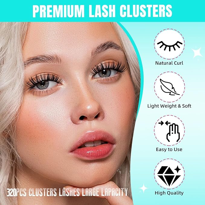 Lash Clusters 320Pcs 40 50D Eyelashes Cluster D Curl Individual Wispy Lashes Cluster for DIY Cluster Eyelash Extensions at Home for Beginners (16mm)