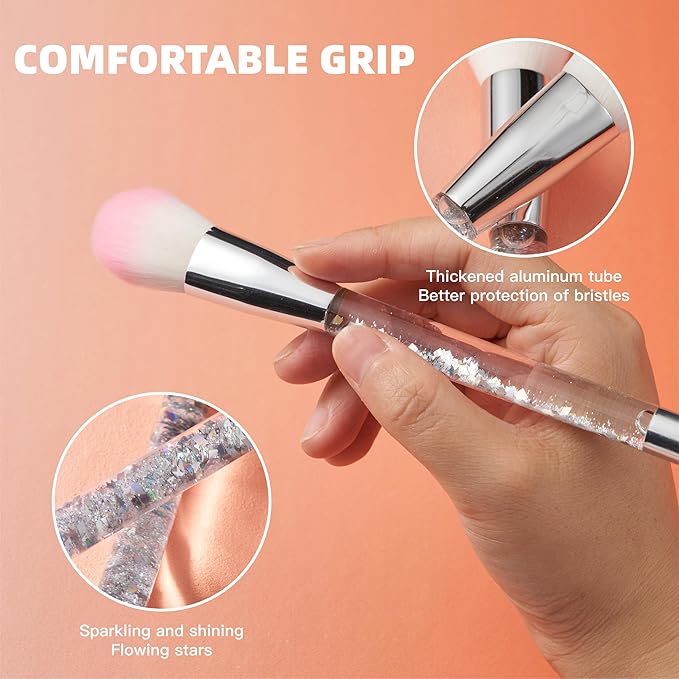 Travel Makeup Brush Set for Girls,Grey White Transparent Unique Liquid Flows Handle with Fan Lip Eye Shadow Blender Eyebrow Brush Sets for Kids Girls Lady Gift Present