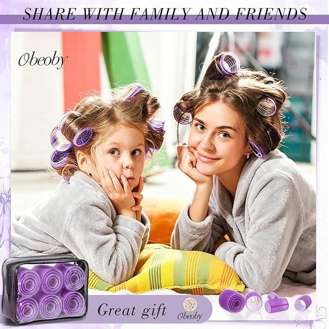 obeoby 4 Sizes Rollers Hair Curlers, 50 Pcs Set Jumbo Hair Rollers 25mm 36mm 48mm 60mm Self-Grip Hair Rollers with Clips, Curlers for Women Long, Short Hair and Bangs (Purple)
