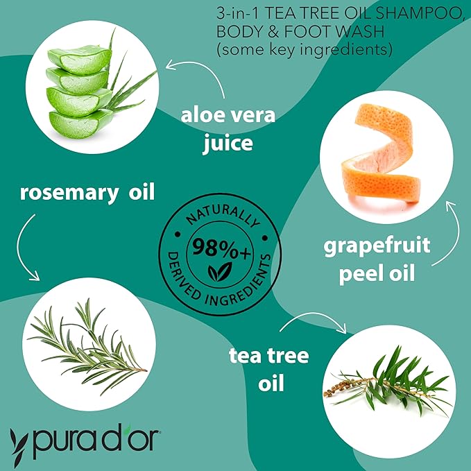 PURA D'OR 3-in-1 Tea Tree Shampoo, Body & Foot Wash, Shampoo (16oz x2 = 32oz) Total Body Care - Foot Odor & Daily Hygiene, Cleansing Routine, Post-Workout Refreshment - Soothes, Invigorates, Nourishes