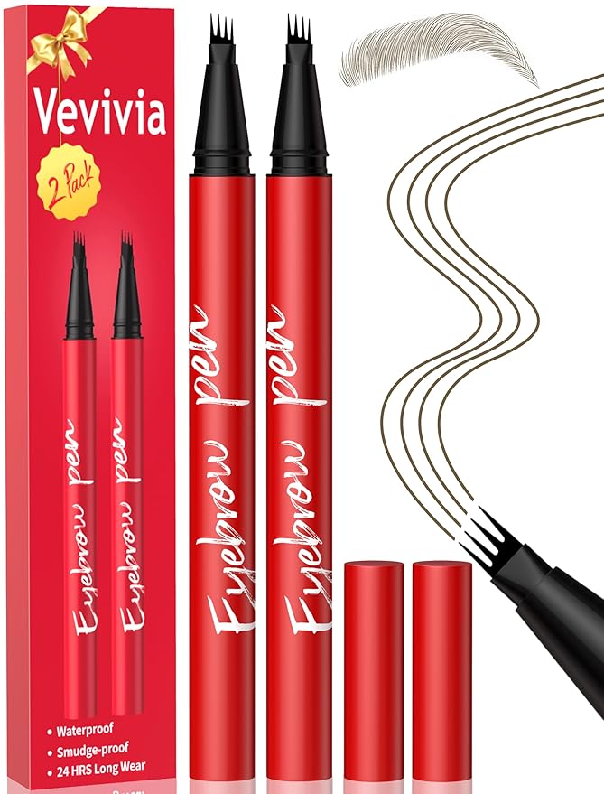 Vevivia Beauty Eyebrow Pencils for Women - Eyebrow Pen 2 Pack, Precise 4-Tip Brow Pencil for Natural-Looking Fuller Brows, Hair-Like Strokes for All Brow Types, Last All-Day Brow Pen, Brown