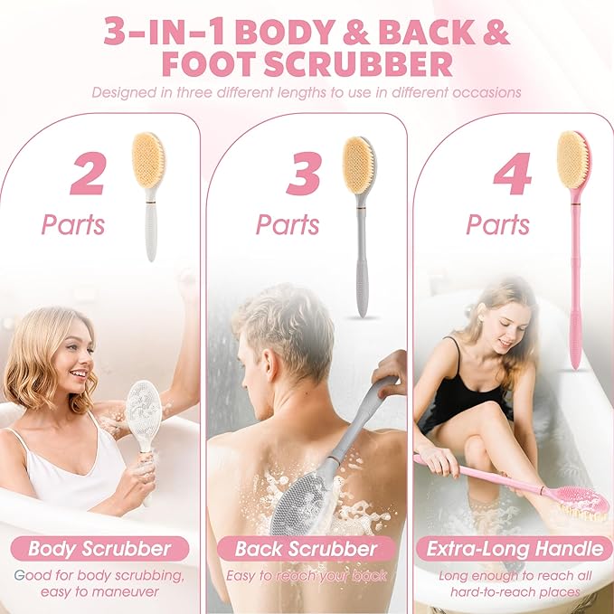 Foot Brush & Back Scrubber Set, 27.5'' Adjustable Foot Scrubber for Shower, 18.9'' Shower Back Scrubber with 3-Length Usage, Great Aid for People with Limited Mobility(Pink Set)