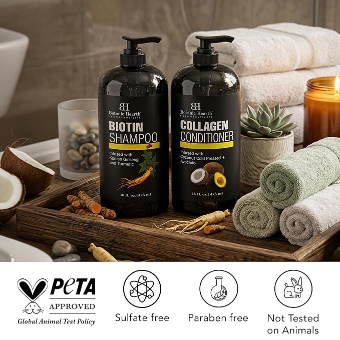Botanic Hearth Biotin Shampoo and Conditioner with Collagen | Fights Hair Loss & with Korean Ginseng & Turmeric, Conditioner Promotes Hair with Avocado and Coconut | 16 fl oz x 2