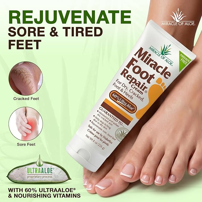 Miracle Foot Repair Cream, 8 oz + 1 oz Miracle Hand Repair, Healing Aloe Vera Lotions for Dry, Cracked Hands and Feet (8 oz Foot Cream + 1 oz Hand Cream)