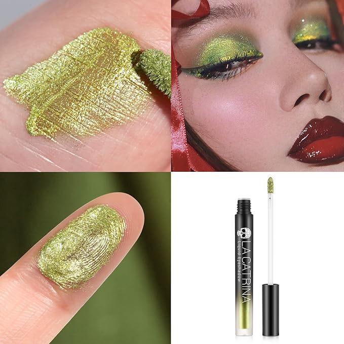 Bright Green Metallic Liquid Eyeshadow, High Impact Sparkle Green Eyeshadow for Blue Eyes, Long Lasting Quick-Drying Shimmer Eye Shadow Eyeliner Makeup for Daily, Party, Holiday, No Fading, Vegan #09