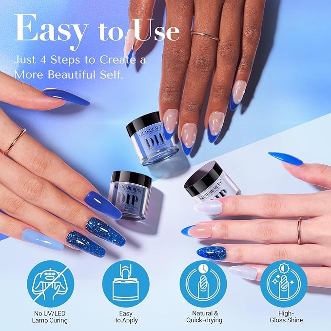 AZUREBEAUTY Dip Powder, Sky Blue Glitter 6 Colors Dipping Powder Starter Kit French Nail Art Manicure DIY Salon for Women, No Need Nail Lamp Cured