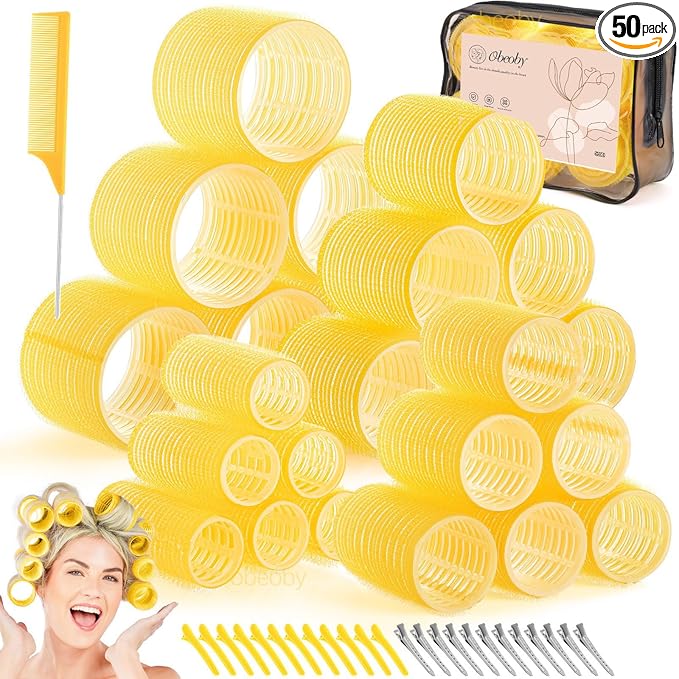 Obeoby 4 Sizes Hair Rollers for Women, 50 Pcs Set Hair Curlers with Clips Comb Curlers for Long Short Curly Hair and Bangs (25, 36, 48, 60mm), Yellow