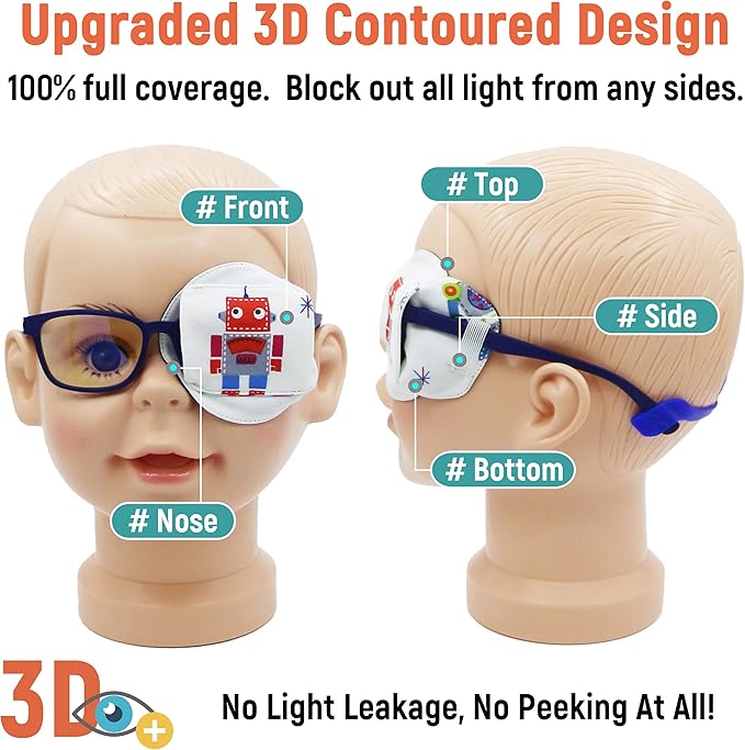 Astropic 3D Cotton & Silk Eye Patch for Kids | Boys Eye Patch for Glasses | Medical Eyepatch for Children with Lazy Eye (Red Robot, Left Eye)