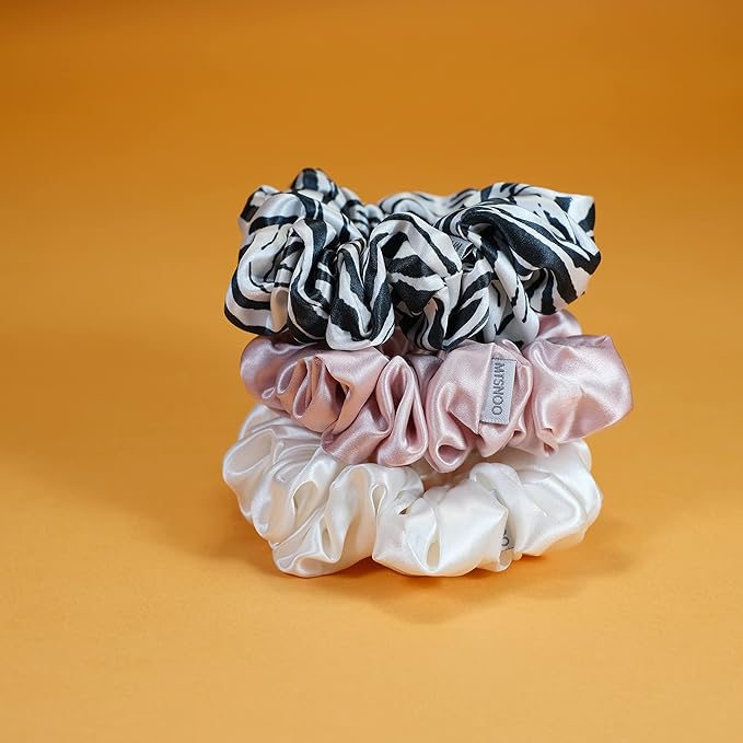 MTSNOO Silk Scrunchies for Sleep, 100% Pure 22 Momme Mulberry Silk Scrunchies for Curly Hair with Elastic Band, 3 Pack, Pink White Zebra