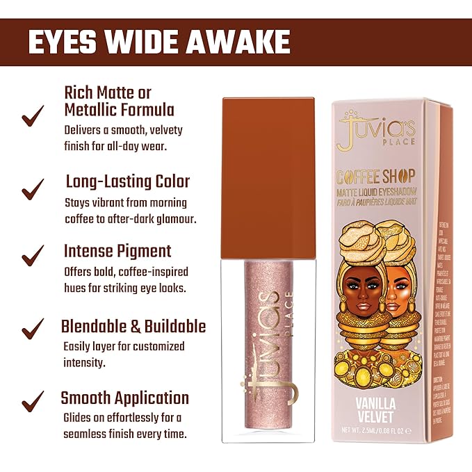 Juvia's Place Coffee Shop Liquid Eyeshadow Vanilla Velvet - Metallic Shimmer for Long-Lasting Color, Waterproof, and Glittering Finish - Buildable and Vibrant - Ideal for All Skin Tones, 0.08 fl oz