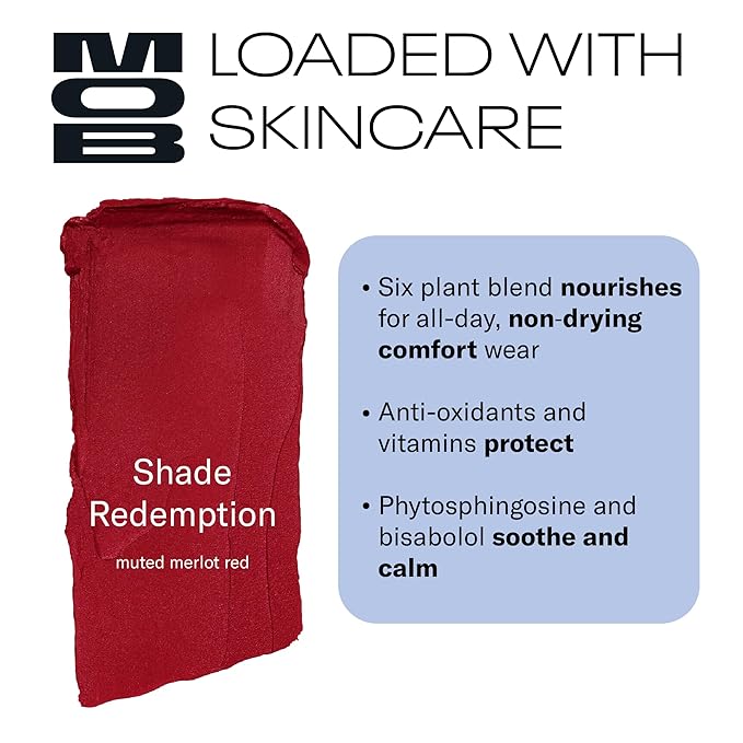 MOB Beauty Soft Matte Lipstick, Redemption, Muted Merlot Red, Long Lasting, Weightless Blurring Lip Color Infused with Skincare, Vegan, Silicone-Free, Cruelty Free