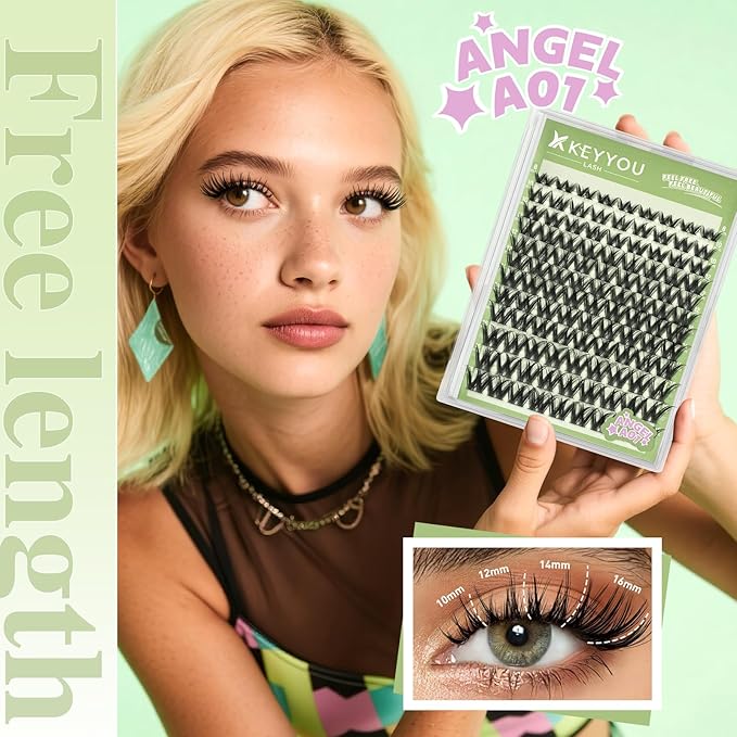 KEYYOU LASH clusters 144Pcs D Curl Angel Eyelash Extension Thick Wispy Natural Band Lash with Waterproof DIY Lash Extension at Home（Angel A01-D-8-18MIX）
