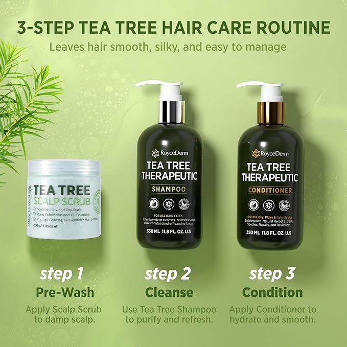 Roycederm Tea Tree Antifungal Scalp Care Set – Pre-Shampoo Scrub + Tea Tree Antifungal Shampoo + Hydrating Conditioner – Itchy & Dry Scalp Relief, Dandruff & Folliculitis Treatment