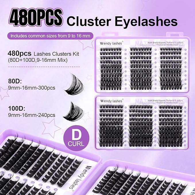 WENDY LASHES Clusters 80D+100D Eyelash Clusters 480PCS 9-16mm D Curl Natural Lashes Fluffy Wispy False Eyelashes DIY Cluster Eyelash Extensions