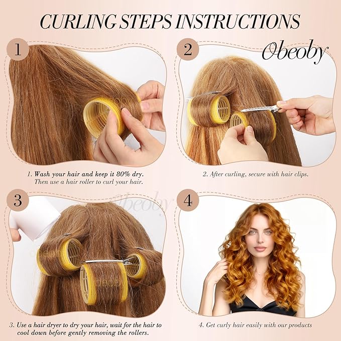 Obeoby 4 Sizes Hair Rollers for Women, 50 Pcs Set Hair Curlers with Clips Comb Curlers for Long Short Curly Hair and Bangs (25, 36, 48, 60mm), Yellow