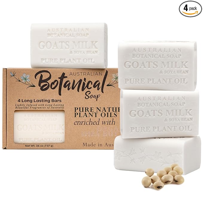 Australian Botanical Soap 6.5 OZ Pack of 4, Goat Milk Soap Bars with Soya Bean Oil, Enriched with Organic Shea Butter, Suitable for All Skin Types