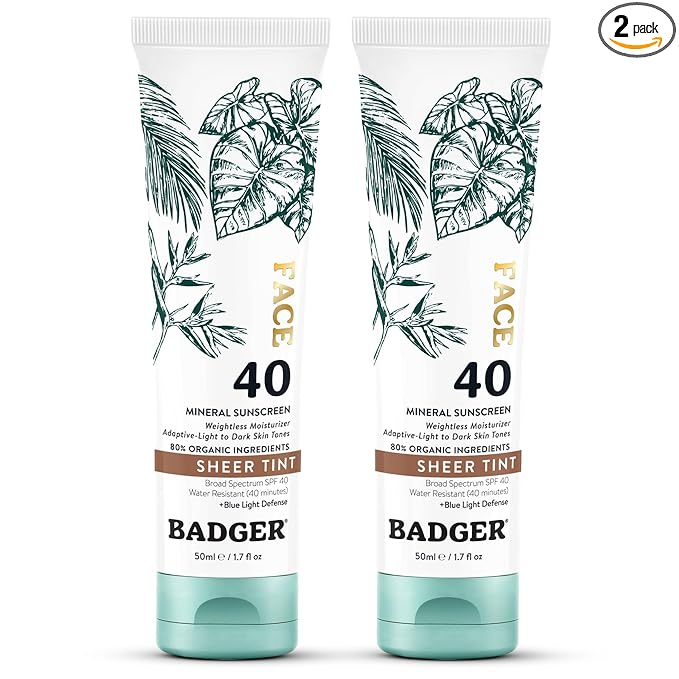 Badger Tinted Sunscreen for Face SPF 40, Lightweight Tinted Mineral Sunscreen w/Sheer Tint Warm Finish for Light or Dark Skin, No White Cast, 80% Organic, Water Resistant, Unscented, 1.7 floz, 2 Pack