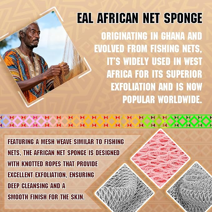 Real African Net Sponge - 2 Pieces Premium Body Exfoliator - Gentle Scrub for Dry/Sensitive Skin - Durable & Easy Rinse Shower Essential (Pink Gray)