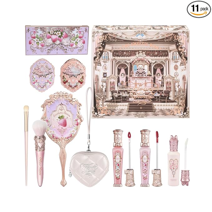 Flower Knows RocoBerry Dream 11-Piece Makeup Gift Box Set,Includes Makeup Palette,Blush,Highlighter,Lip Gloss,Hand Mirror,Bag Charm,Eyeshadow Brush,Blush Brush,Box,Perfect Anniversary Valentine Gift