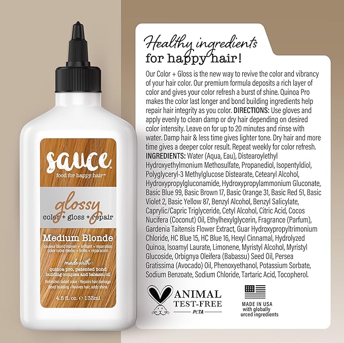 Sauce Beauty Glossy Color + Gloss + Repair, Medium Blonde, Semi Permanent Hair Dye with Bond-Building and Color-Fade Protection Technology, Adds Shine & Deep Moisture, Lasts 4-8 Weeks, Stops Fade