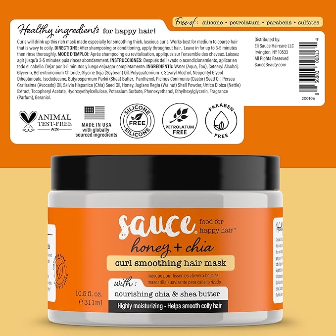 SAUCE Hair Mask, Honey Chia Smoothing Curl Mask (10.5 FL Oz) Frizz Control & Deep Conditioning with Shea Butter, Curly & Coily Hair, No Parabens & Sulfates