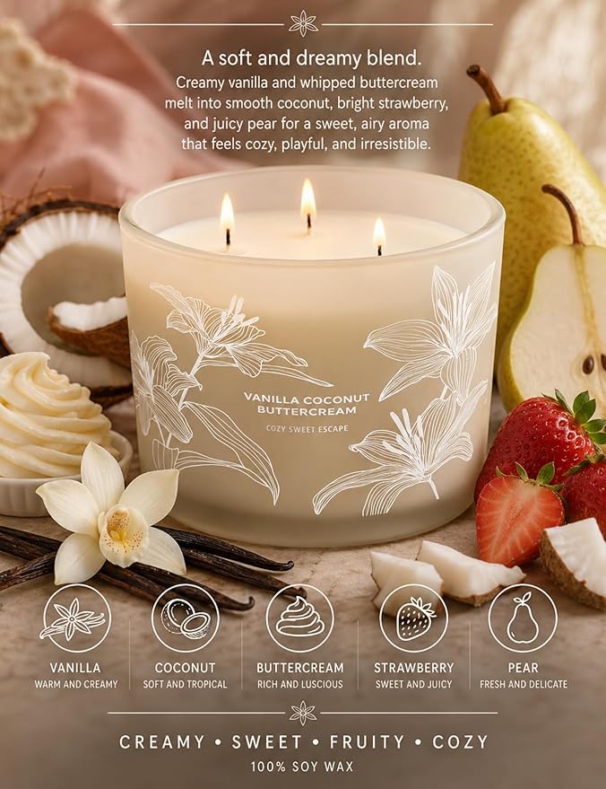 Vanilla Coconut Buttercream Candle, 14.5oz Large 3-Wick Soy Scented Candles for Home, Vanilla Cupcake Candle, Long Lasting Aromatherapy Candle, Gift for Mom Women