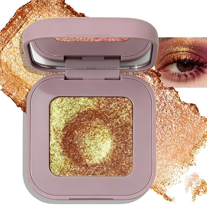 Bronze Brown Shimmer Eyeshadow, Holographic Duochrome Gold Glitter Eyeshadow Palette Color Shift Sparkling Cream to Powder Diamond Metallic Eye Shadow Highlighter Makeup for Party/Daily
