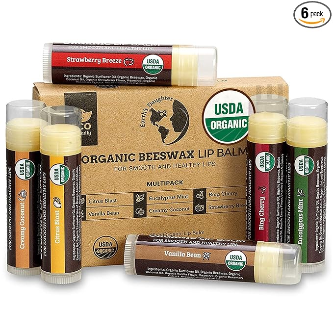 Earth's Daughter USDA Organic Lip Balm 6-Pack - Fruit Flavors, Beeswax, Coconut Oil, Vitamin E - Best Lip Repair Chapstick for Dry Cracked Lips - Moisturizing Lip Care