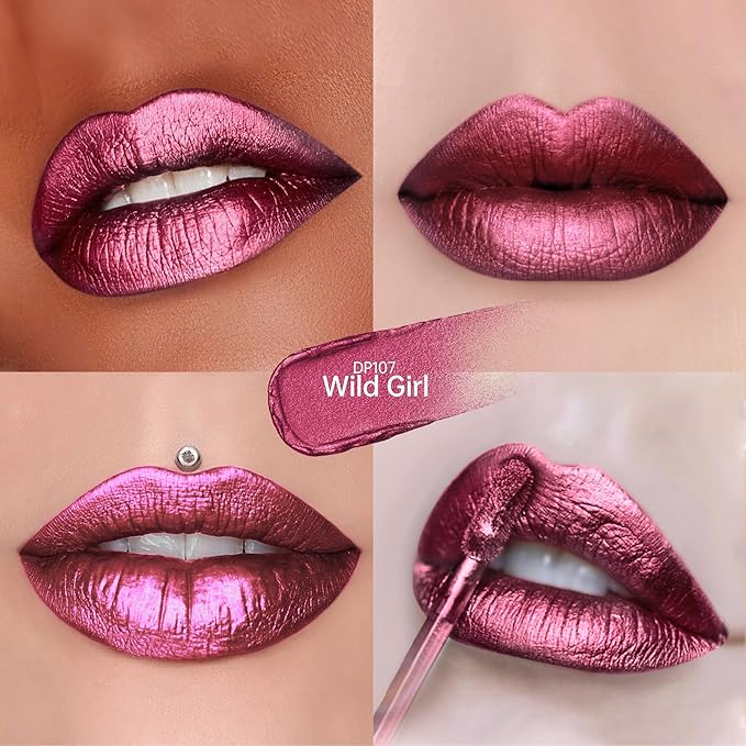 Depuplum Burgundy Lipsticks for Women Dark Purple Metallic Lipstick Long Lasting Shimmer Lip Gloss Glitter Waterproof Lipsticks Full Coverage Lip Color for Mother's Day,DP107 Wild Girl