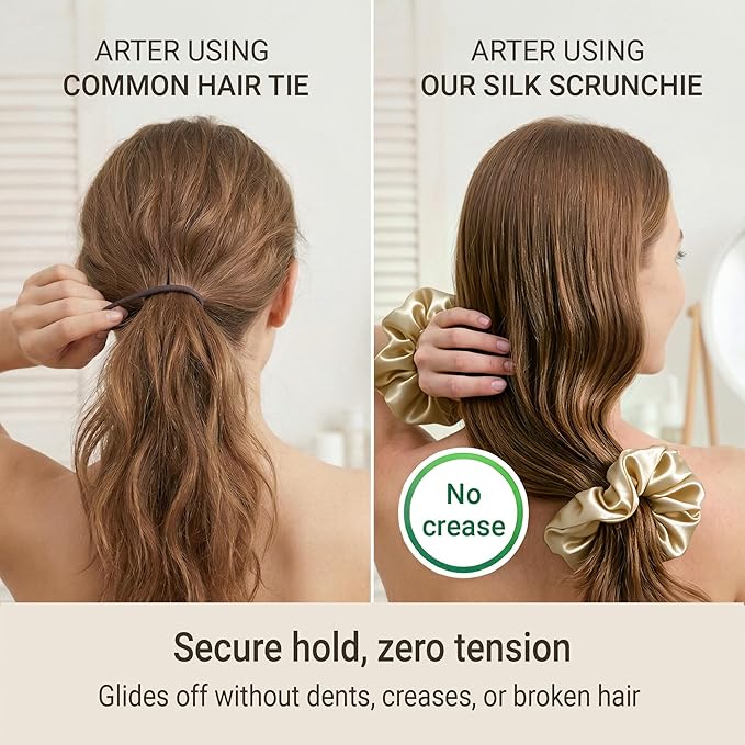 ZLYC 100% Mulberry Silk Hair Tie Scrunchie 19 Momme Gentle Creaseless Dent-Free Ponytail Holder for Women, 6cm Solid Oatmeal
