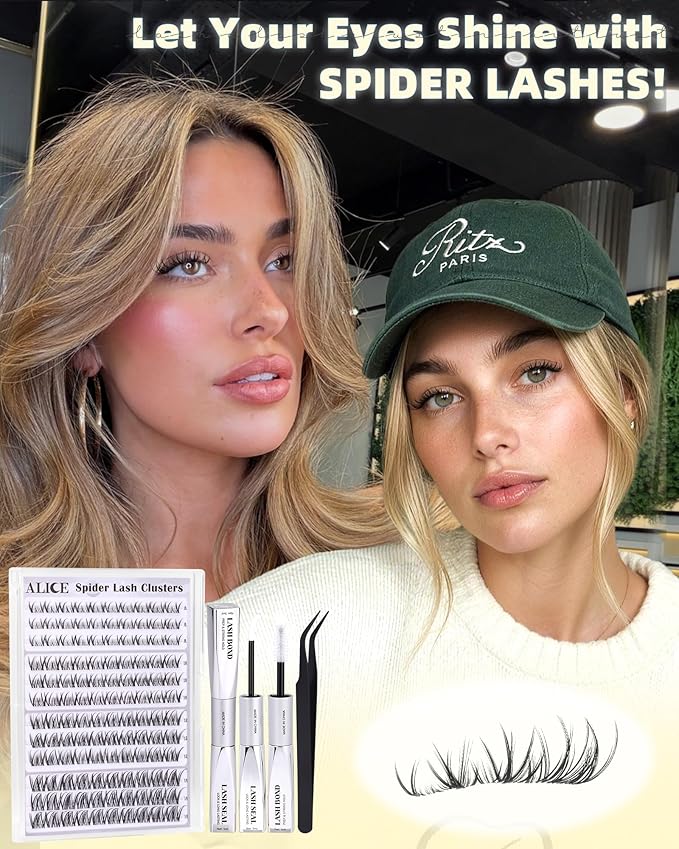 Spider Lash Clusters Kit Wispy Eyelash Clusters Kit Natural Cluster Eyelash Extension Kit CC-Curly 8mm-14mm Invisible Band Individual Lashes with White Bond and Seal DIY at Home