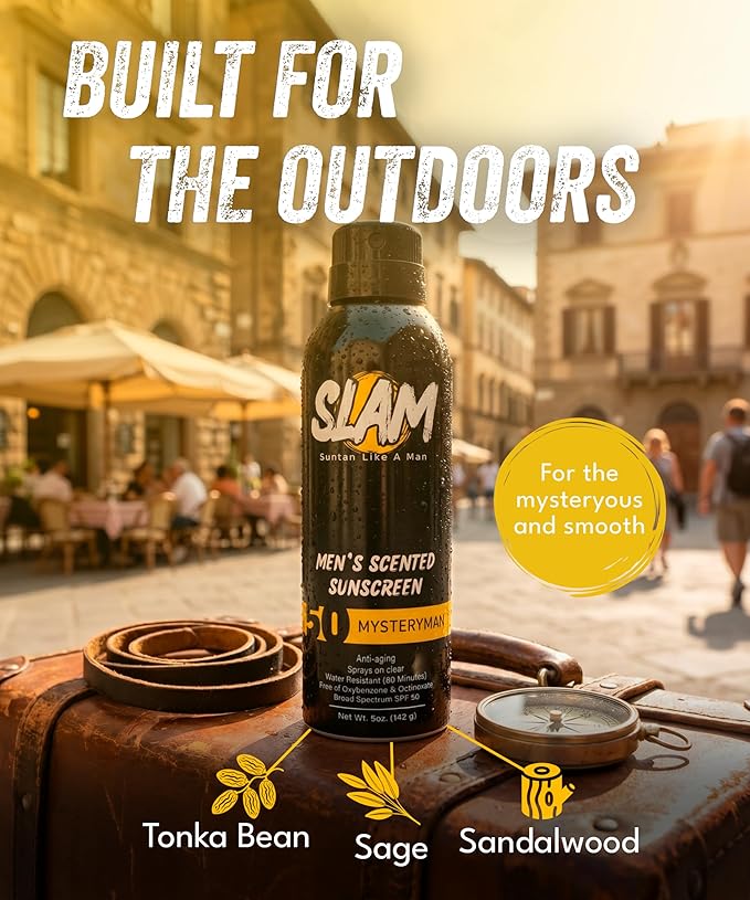 SLAM Men’s Sunscreen SPF 50 Spray - Broad Spectrum UVA/UVB Protection - Non-Greasy & No Harsh Chemicals - MysteryMan Sandalwood Tonka Bean Sage Cologne Scented - 2 Pack