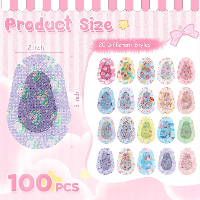 Copkim 100 Pcs Adhesive Eye Patches for Kids Girls Cute Toddler Eye Patch Bulk Colorful Breathable Cartoon Lazy Patch for Children Baby Light Blocking, 20 Styles, 3 x 2 Inches (Patterned)