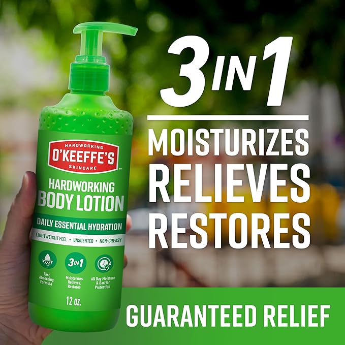 O’Keeffe’s Hardworking Body Lotion, Daily Hydration for Dry Skin, 12 oz Pump (1 Pack) Non Greasy & Unscented, Lightweight Fast Absorbing Formula