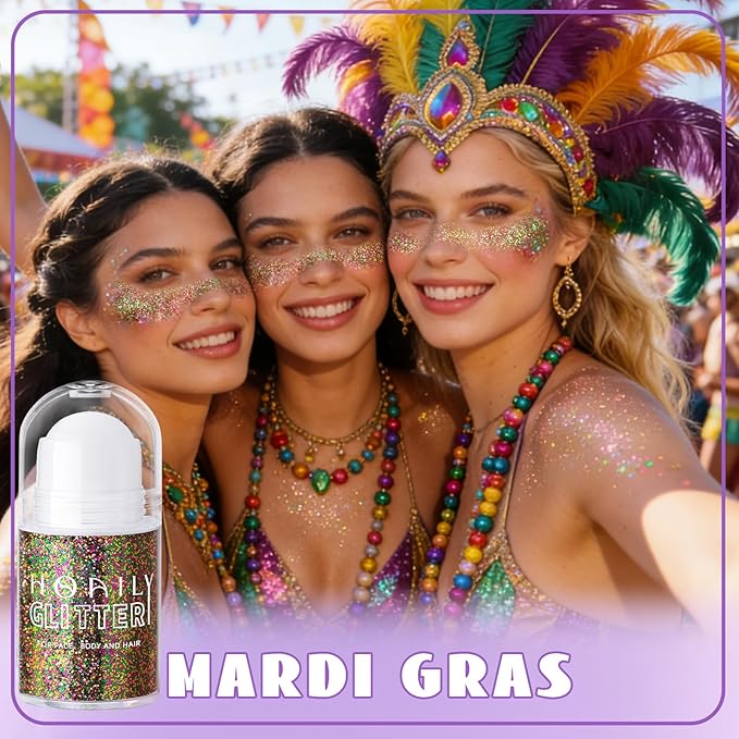 HOSAILY Roll-on Gold Green Purple Body Glitter Gel for Face Hair, Mardi Gras Face Paint Glitter Mermaid Makeup, Sparkling Chunky Sequins Festival Carnival St Patricks Day Party Rave Accessories