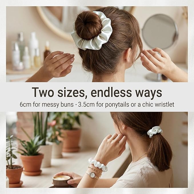 ZLYC 100% Mulberry Silk Hair Tie Scrunchie 19 Momme Gentle Creaseless Dent-Free Ponytail Holder for Women, 6cm Solid White