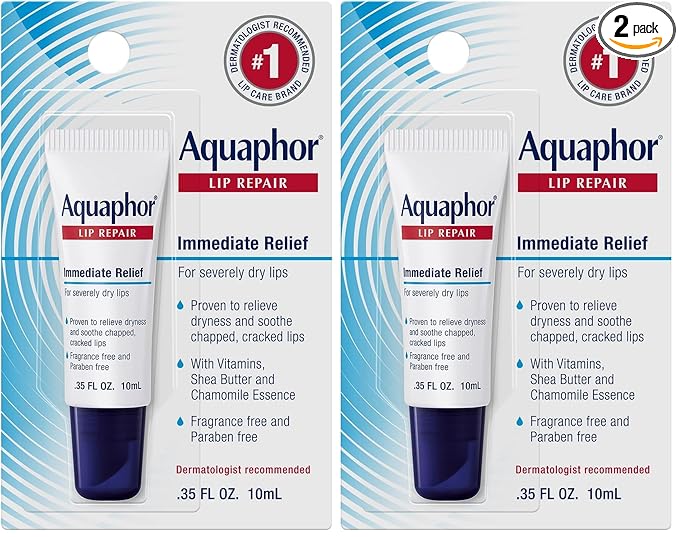 Aquaphor Lip Repair Ointment - Long-lasting Moisture to Soothe Dry Chapped Lips - .35 fl. oz. Tube,(Pack of 2)