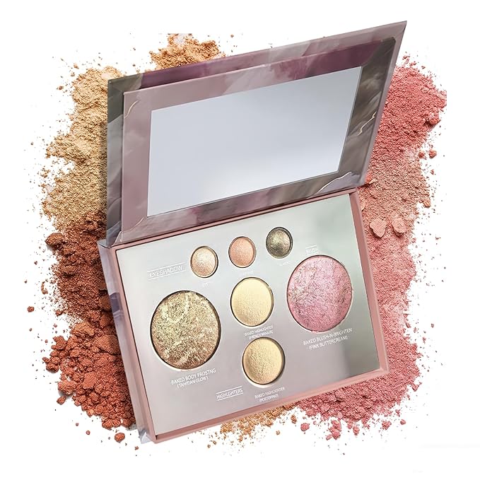 K'APEINE All in One Baked Makeup Palette, Dark Brown Eyeshadow, Blush Highlighter & Bronzer Face Kit Neutral Baked Powder Palette Hign Pigment Full Face Makeup Set Women (7colors)