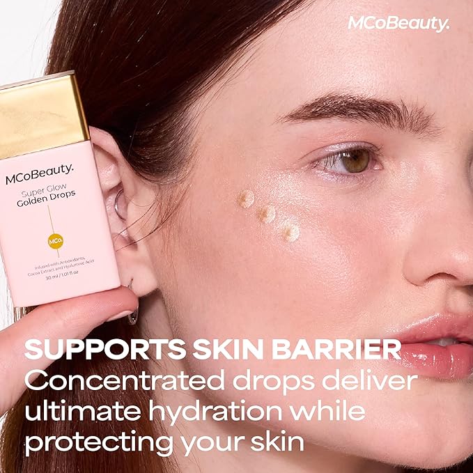 MCoBeauty Super Glow Golden Drops - Radiant Shimmer Liquid Luminizer - Hydrating Highlighter Makeup for Face with Niacinamide Hyaluronic Acid Jojoba Oil Squalane Cacao Extract - Vegan & Cruelty Free