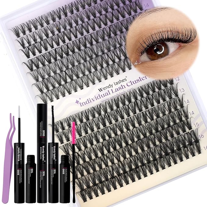 WENDY LASHES Clusters Kit for Eyelash Extensions: DIY, Natural, Fluffy, Wispy, Waterproof, Anime, Manga, Cat Eye, RT0207, 30P+40P, 0.07, D Curl, 1216mm