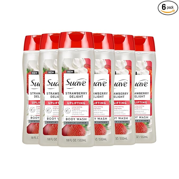 Suave Strawberry Delight Uplifting Body Wash, Formulated with Glycerin and Vitamin E for Hydrating and Gently Cleansing Skin, 18 oz, 6 Pack