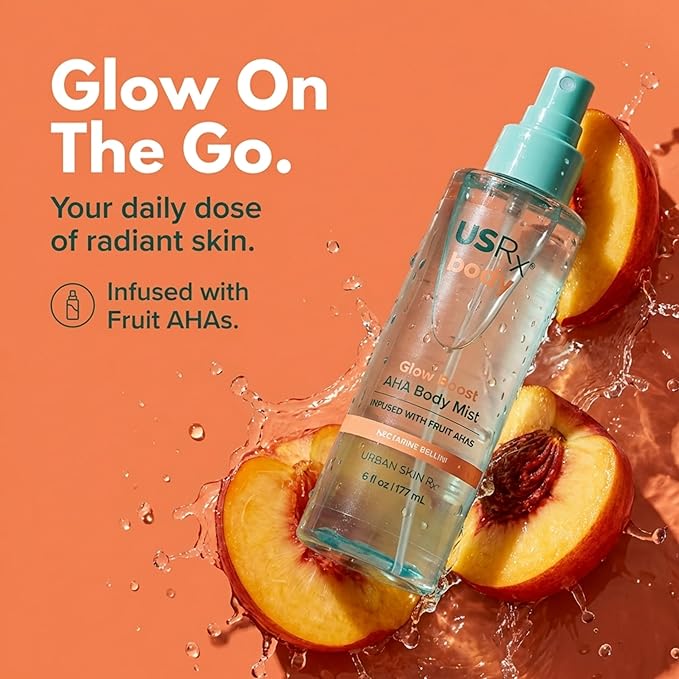 Urban Skin Rx Glow Boost AHA Body Mist, Helps Smooth, Gently Exfoliate, and Boost Radiance, Mood-Boosting Scent, Hydrate, Soothe, and Refresh, Non-Greasy, Fast-Absorbing, Nectarine Bellini, 6 Fl Oz