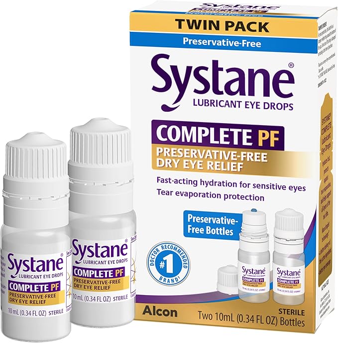 Systane Complete Preservative Free Dry Eye Drops, 0.34 Fl Oz, 2 Count, Contains Propylene Glycol 0.6%, Multi-Dose Lubricating Eye Drops For Irritation & Dryness, Hydrating & Soothing