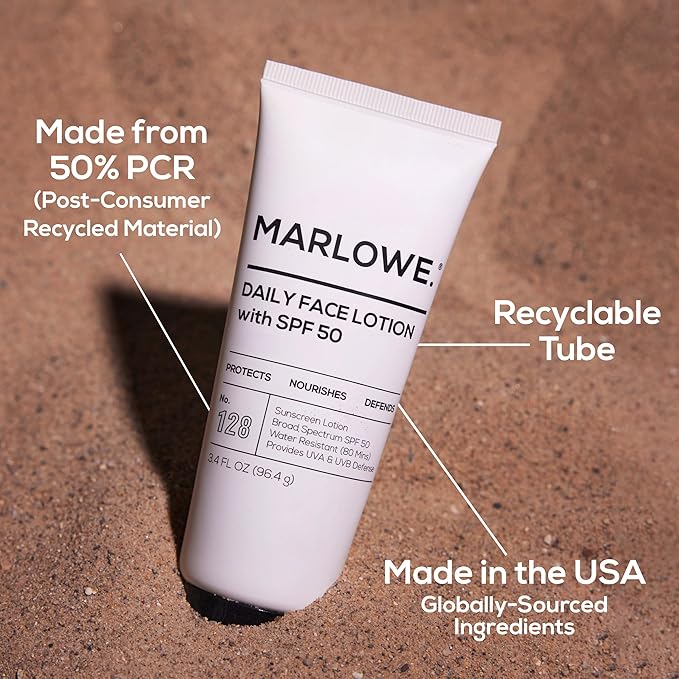 MARLOWE. Face Moisturizer with SPF 50, 3.4 oz, 2 Pack, Lightweight, Non-Greasy Daily Sunscreen Lotion to Protect, Hydrate & Nourish, Clean, Vegan Formula with Aloe Vera & Shea Butter, Fragrance Free