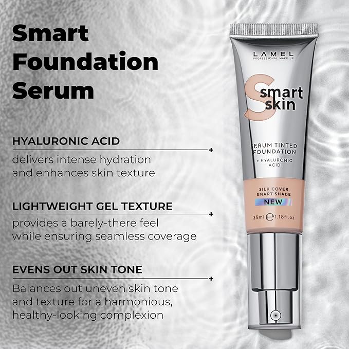 LAMEL Smartskin Serum Tinted Foundation - Hydrating & Nourishing - Hypoallergenic & Skin-Caring - Color Correcting - Anti-Aging Formula with Hyaluronic Acid - 401, 1.18 fl.oz