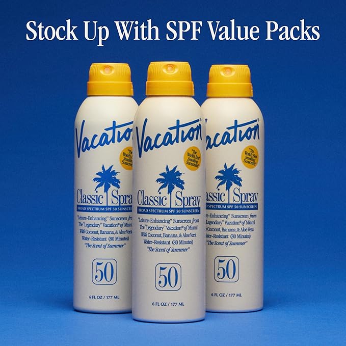 Vacation Classic Sunscreen Spray SPF 50, Water-Resistant, Lightweight, Transparent on All Skin Tones, Dermatologist-Tested, Vegan, 6 Fl. Oz. (Value Pack of 3)