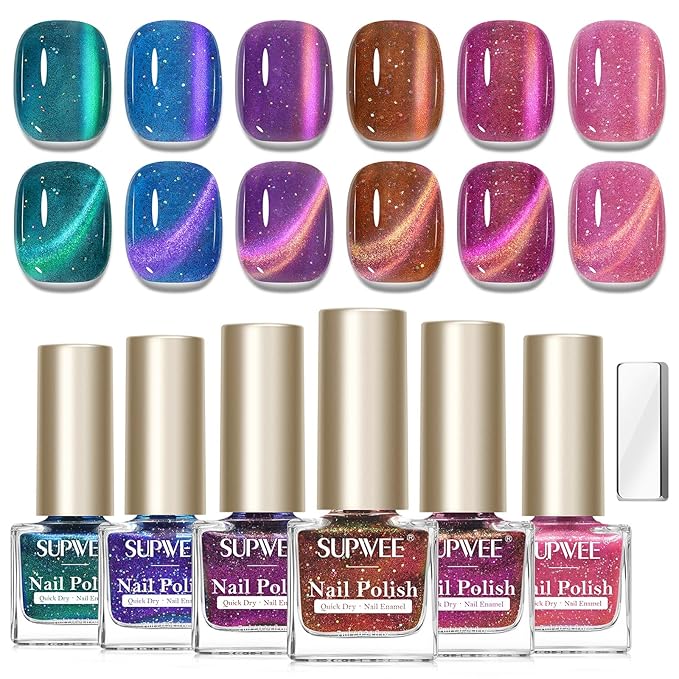 Magnetic Glitter Cat Eye Nail Polish Set, Quick Dry Cateye Nail Polish Non Gel, Multi-Color Holographic Nail Lacquer with Magnet High Glossy DIY Salon for Women Girl