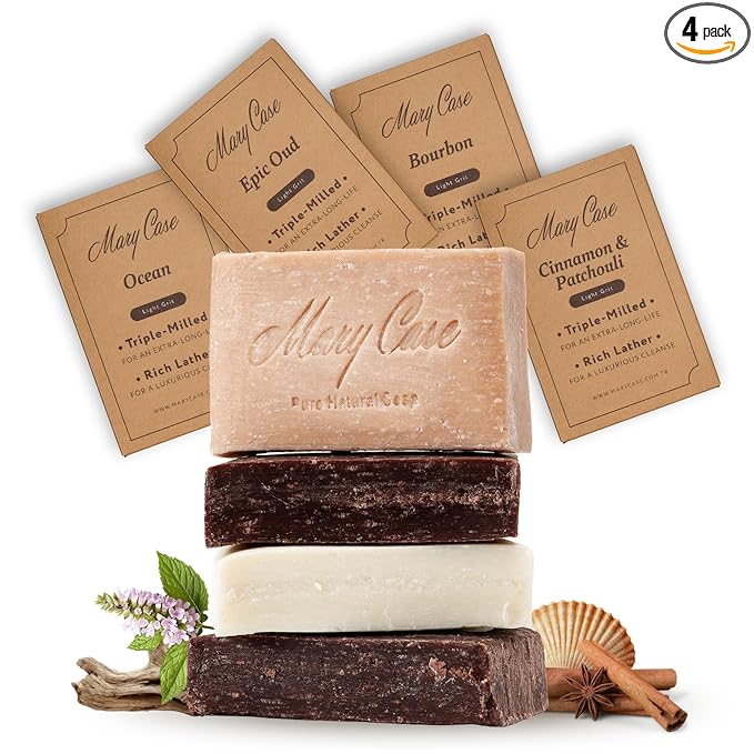 Mary Case Men's Bar Soap Variety Set of 4 | Oud, Ocean, Cinnamon & Patchouli, Bourbon Scented Soaps with Olive & Coconut Oils | Bath Soap for Men | Deep Cleansing & Nourishing Dry Skin