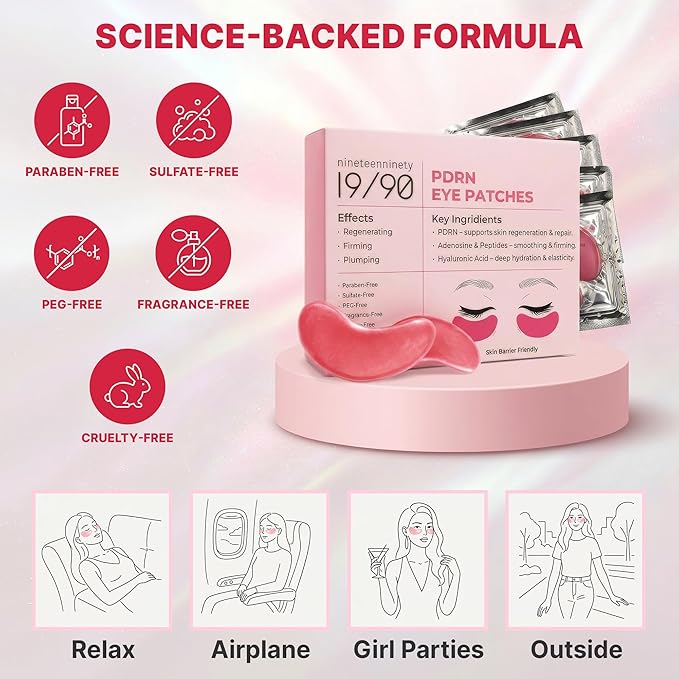 19/90 PDRN Revitalizing Hydrogel Eye Patches for Dark Circles & Puffiness - Pink, Caffeine, Hyaluronic Acid, Hydrating Treatment for Women - Under Eye Mask, Brightening, Cooling - Pink (30 Pairs)