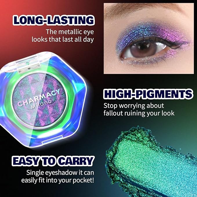 CHARMACY Multichrome Glitter Eyeshadow, Intense Pigmentation Chameleon Sparkling Eyeshadow, Bright Highlighter Duochrome Eye Make Up, Multi-Reflective Finishes Glitter Metallic Eye Makeup #06